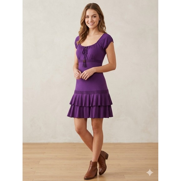 VENUS Dresses & Skirts - Rare Y2K Babydoll Mini Dress Size S Purple  Ruffle Trim Crochet Details Milkmaid